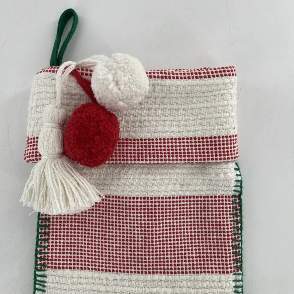 Rare Target Wondershop Christmas Stocking Woven Stitched Striped Poms Tassel 21